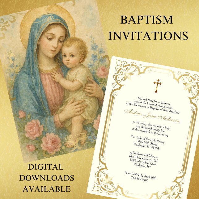 Invitación Bautismo María con Jesús Roses Rosa Vintage (Subido por el creador)