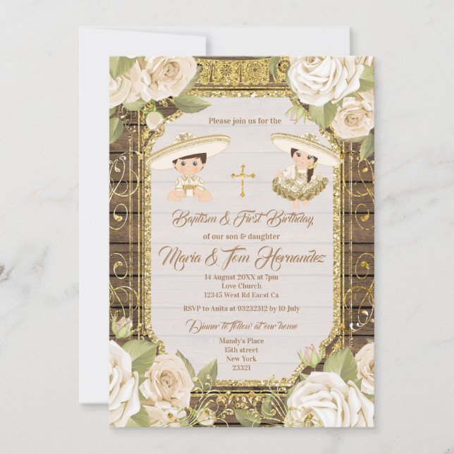 Invitación Bautismo mexicano: Chico gemelo floral blanco y Ch (Anverso)