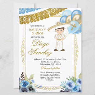 Invitación Bautismo mexicano de charro azul y oro y tercer in