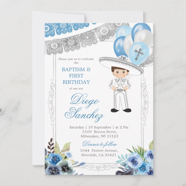 Invitación Bautismo mexicano de plata azul y tercer cumpleaño (Anverso)
