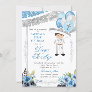 Invitación Bautismo mexicano de plata azul y tercer cumpleaño