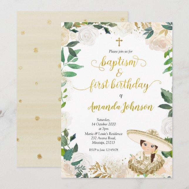 Invitación Bautismo mexicano floral blanco y primer cumpleaño (Anverso / Reverso)