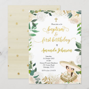 Invitación Bautismo mexicano floral blanco y primer cumpleaño