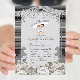Invitación Bautismo mexicano plateado y blanco y primer cumpl