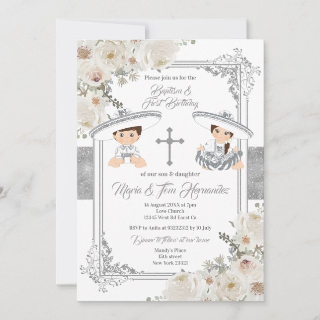 Invitación Bautismo mexicano plateado y Fiesta Twin de cumple (Anverso)