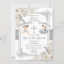 Invitación Bautismo mexicano plateado y Fiesta Twin de cumple