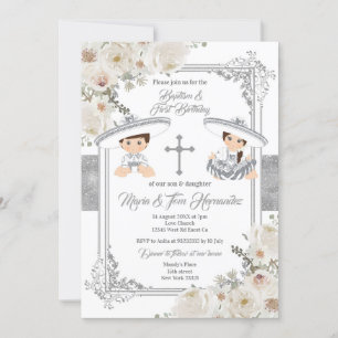 Invitación Bautismo mexicano plateado y Fiesta Twin de cumple