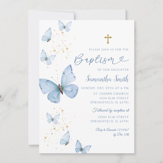 Invitación Bautismo Minimalista con mariposa azul y dorada (Anverso)