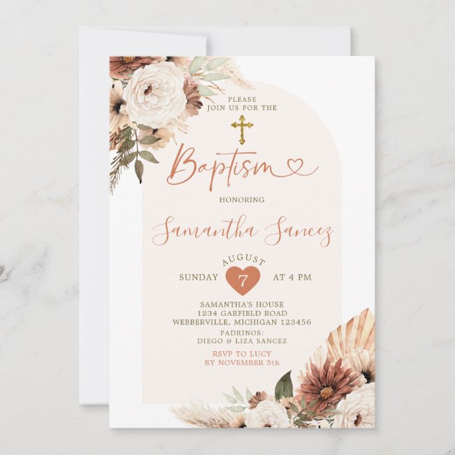 Invitación Bautismo minimalista de Boho White Floral (Anverso)