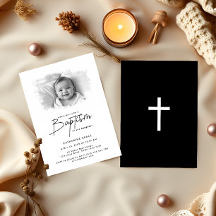 Invitación Bautismo minimalista de foto de bebé blanco y negr