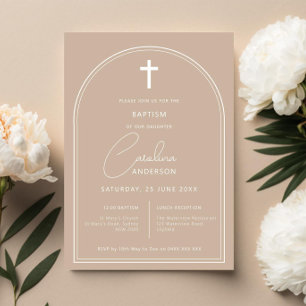 Invitación Bautismo minimalista y simple en arco beige