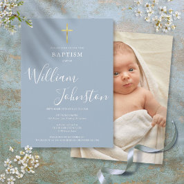 Invitación Bautismo moderno Christening Dusty Blue Photo