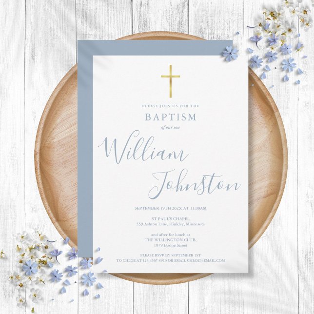 Invitación Bautismo moderno Christening Gold Cross Dusty Blue (Modern Baptism Christening Gold Cross Dusty Blue Invitation)