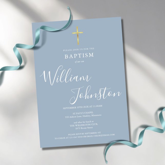 Invitación Bautismo moderno Christening Gold Cross Dusty Blue (Subido por el creador)