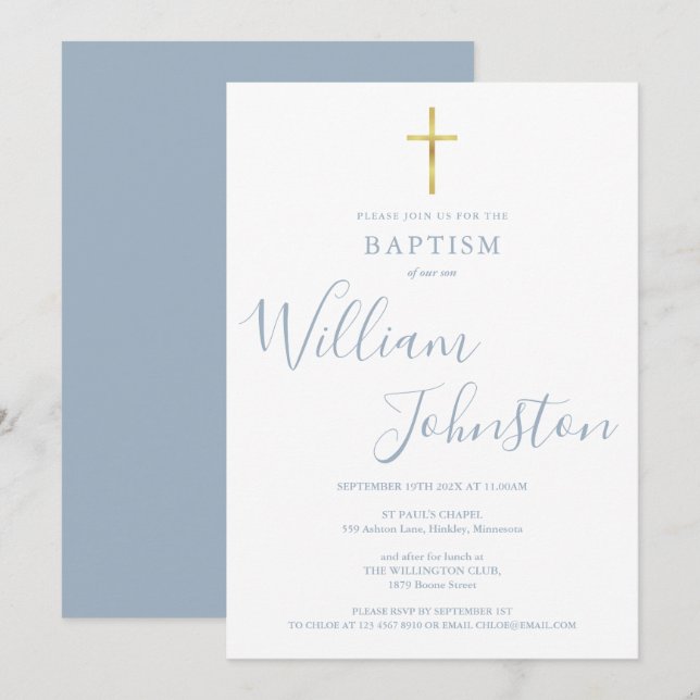 Invitación Bautismo moderno Christening Gold Cross Dusty Blue (Anverso / Reverso)