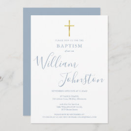 Invitación Bautismo moderno Christening Gold Cross Dusty Blue