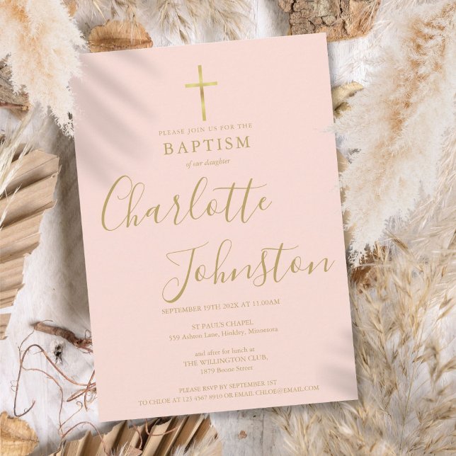Invitación Bautismo moderno Christening Gold Script Rubor Pin (Modern Baptism Christening Gold Script Blush Pink Invitation)