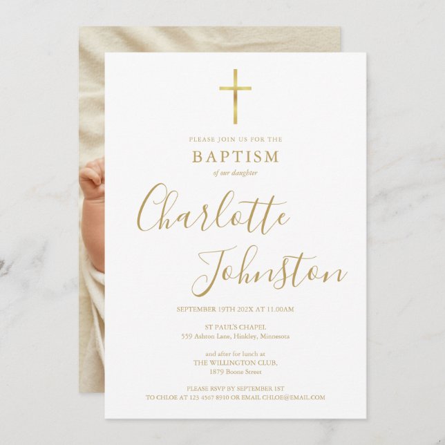 Invitación Bautismo moderno Christening Golden Signature Phot (Anverso / Reverso)