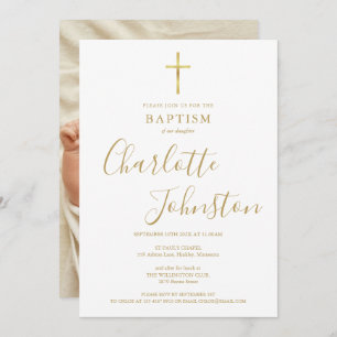 Invitación Bautismo moderno Christening Golden Signature Phot