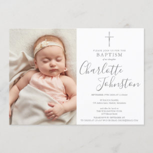 Invitación Bautismo moderno Christening Silver Script Photo