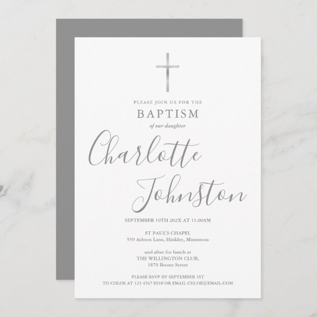 Invitación Bautismo moderno Christening Silver Signature Sign (Anverso / Reverso)
