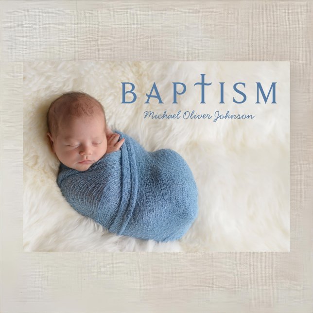 Invitación Bautismo moderno con foto de niño azul (1 Photo Elegant Religious Blue Boy Baptism Invitation)