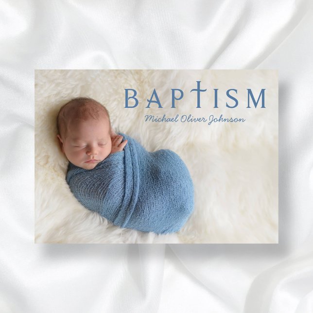 Invitación Bautismo moderno con foto de niño azul (1 Photo Elegant Religious Blue Boy Baptism Invitation)