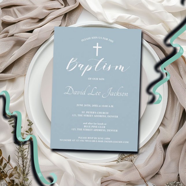 Invitación Bautismo moderno cristiano cruz blanca turbia azul (Subido por el creador)
