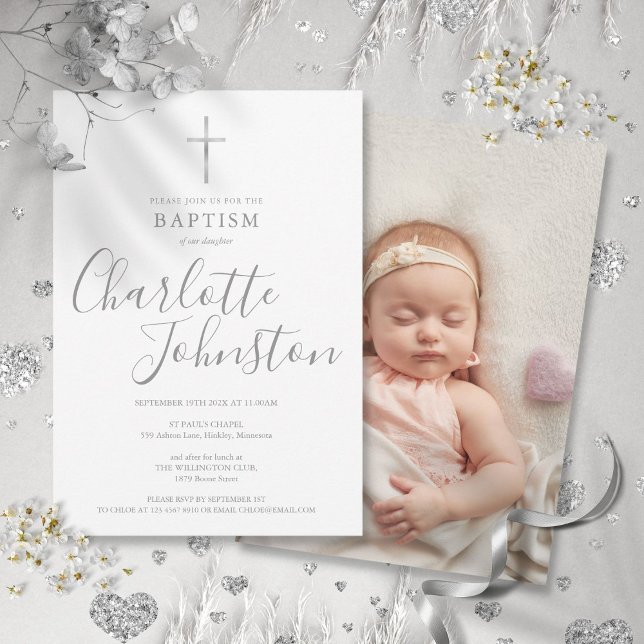 Invitación Bautismo Moderno Cristiano Firma Foto de Plata (Modern Baptism Christening Silver Signature Photo Invitation)