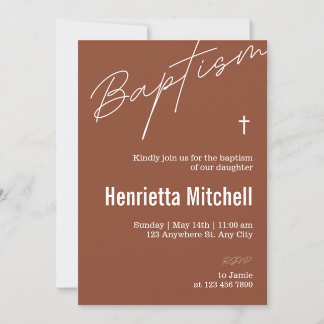 Invitación Bautismo moderno de caligrafía de terracota (Anverso)