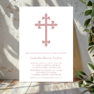 Invitación Bautismo moderno de cruz rosa y polvorienta