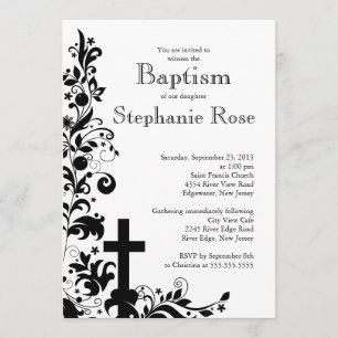 Invitación Bautismo moderno de flor cruzada negra,Invitación