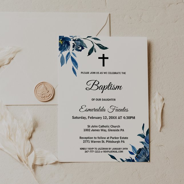 Invitación Bautismo moderno de la Cruz Floral Azul (Subido por el creador)