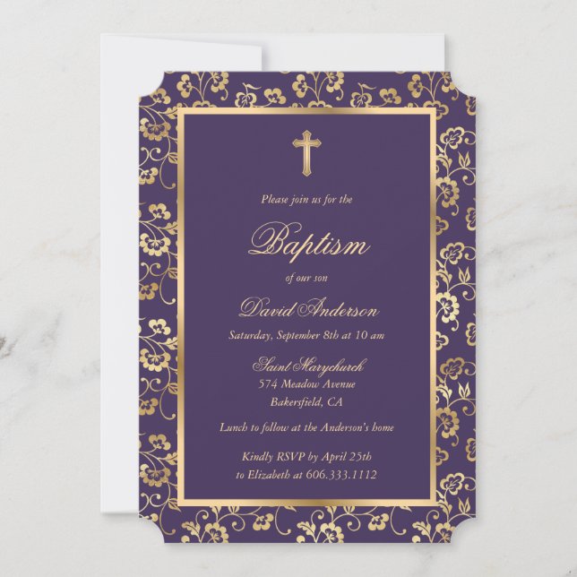 Invitación Bautismo moderno de niño floral de oro morado (Anverso)