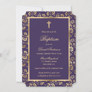 Invitación Bautismo moderno de niño floral de oro morado