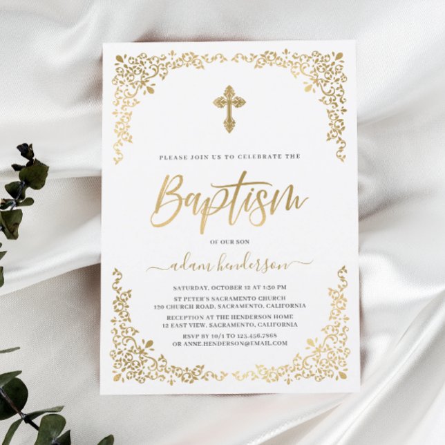 Invitación Bautismo moderno de oro botánico (Subido por el creador)