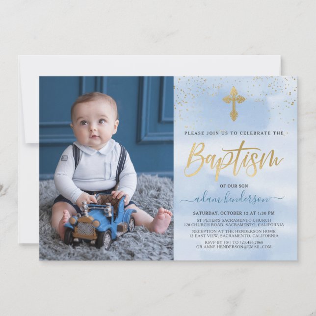 Invitación Bautismo Moderno De Un Niño Fotos De Azul Y Oro  (Anverso)