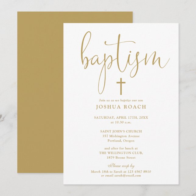 Invitación Bautismo moderno elegante con guión dorado (Anverso / Reverso)