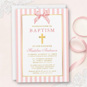 Invitación Bautismo Moderno Elegante con Lazo Rosa Rayado