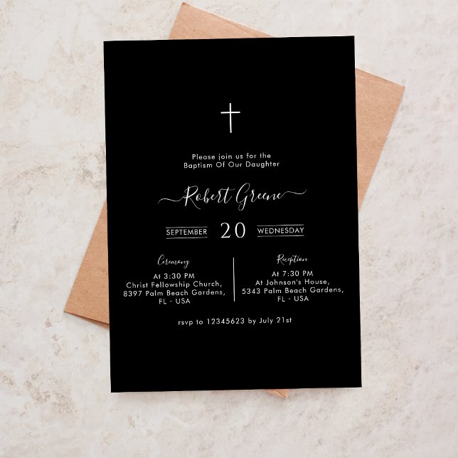 Invitación Bautismo moderno simple de caligrafía blanca y neg (Subido por el creador)