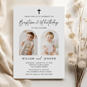 Invitación Bautismo moderno y Chica de los gemelos de primer 