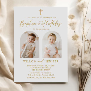 Invitación Bautismo moderno y Chica de los gemelos de primer 