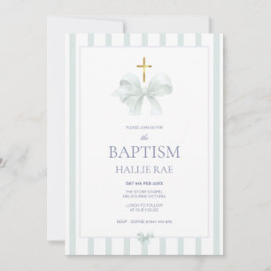 Invitación Bautismo moderno y sage verde y stripe