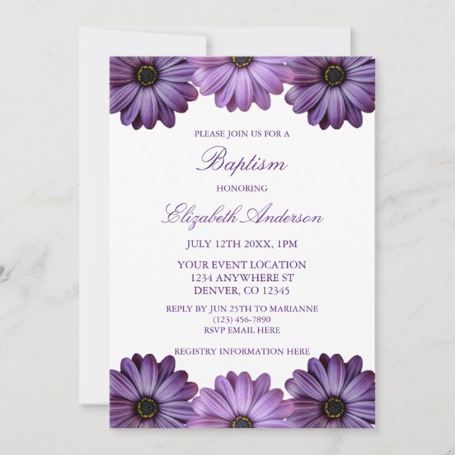 Invitación Bautismo morado floral (Anverso)