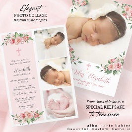 Invitación Bautismo multifoto con flores rosadas para Chicas