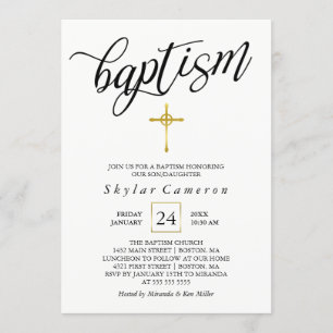 Invitación Bautismo negro de la cruz del oro de la caligrafía