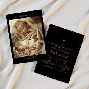 Invitación Bautismo neutral de Collage de fotos negro y oro