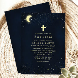 Invitación Bautismo Nocturno Elegante con Cruz y Luna