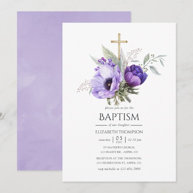 Invitación Bautismo o bautización con temática floral de Lila (Anverso / Reverso)