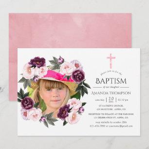 Invitación Bautismo o bautizo de terciopelo profundo y rosa B